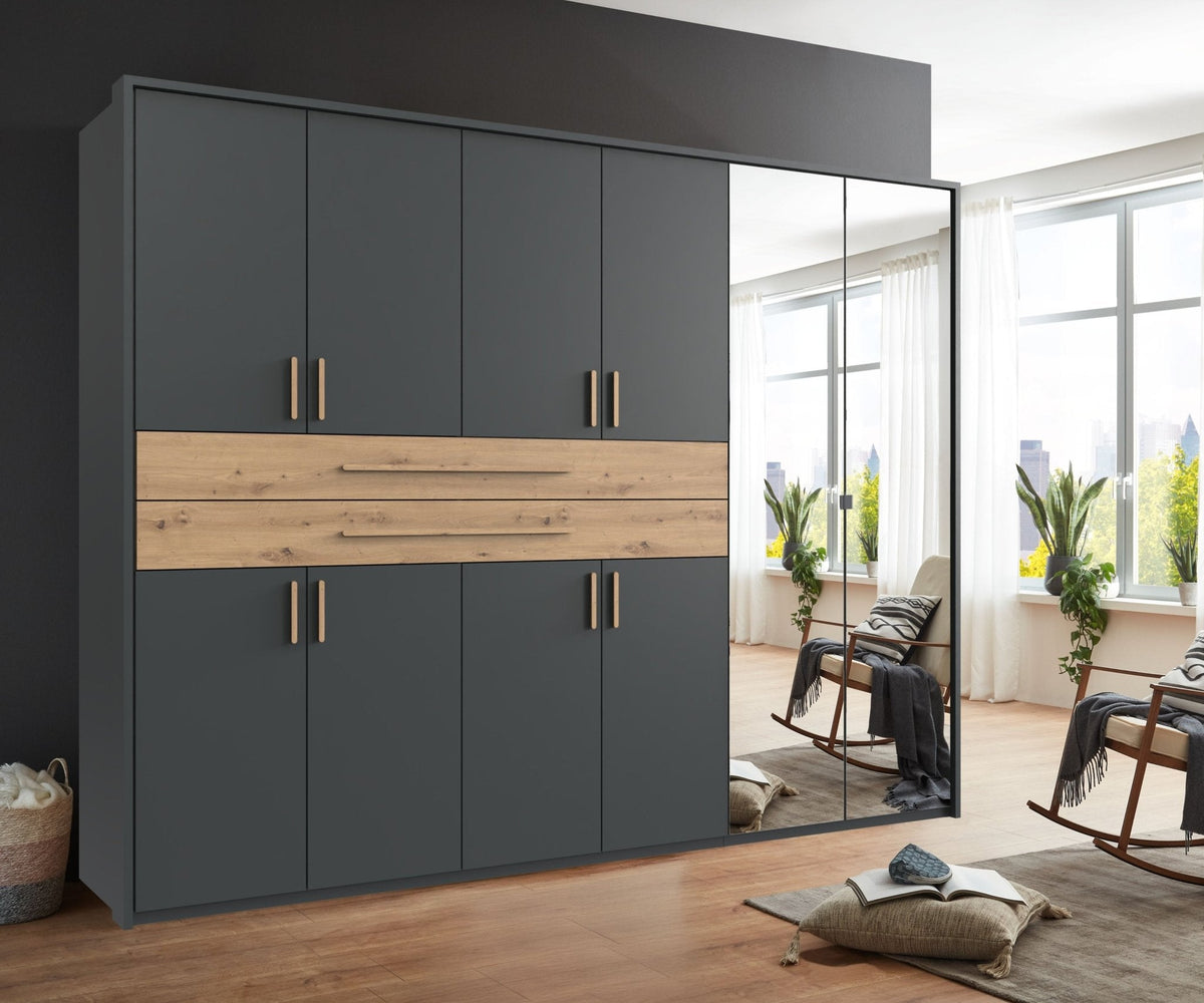 Drehtürenschrank Kleiderschrank B273/H210/T58 cm in Grafit mit 2 großen Schubkästen in Eiche Artisan Dekor, Passepartout & 2 Spiegel / 22652