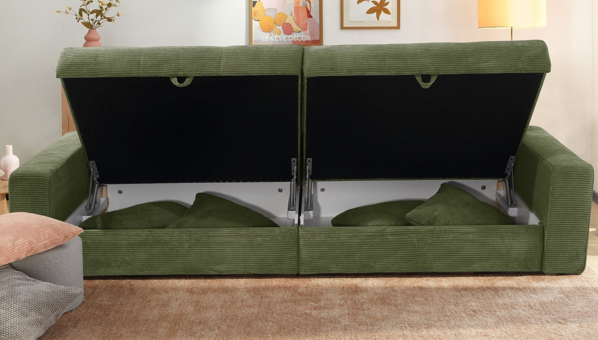 Big-Sofa mit 2 Bettkästen, Wellenunterfederung, Cord-Bezug Grün / 15262