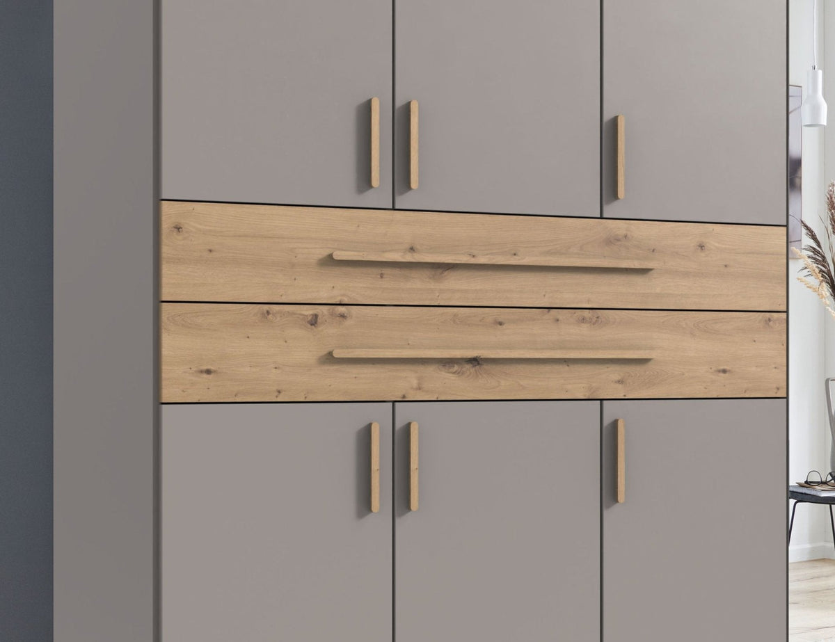 Drehtürenschrank Kleiderschrank B225/H208/T58 cm in Sandgrau mit 2 großen Schubkästen in Eiche Artisan Dekor & 2 Spiegeln / 22635