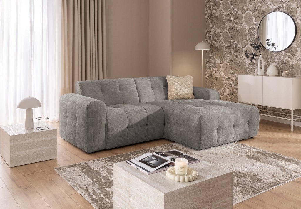 Ecksofa mit raffinierten Steppungen und Ottomane rechts, Wellenunterfederung, Chenille-Bezug Braun Taupe / 21041