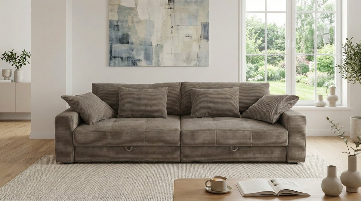 Big-Sofa mit 2 Bettkästen, Wellenunterfederung, Cord-Bezug Braun Taupe / 15264