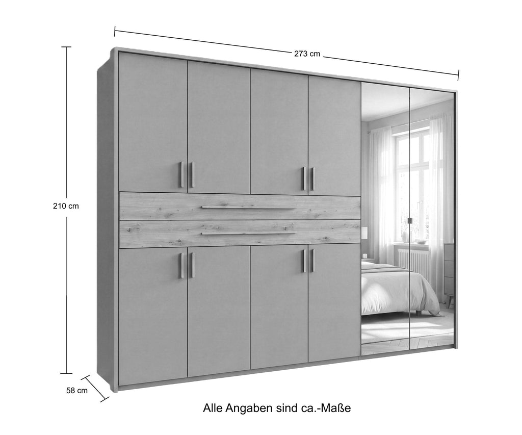 Drehtürenschrank Kleiderschrank B273/H210/T58 cm in Grafit mit 2 großen Schubkästen in Eiche Artisan Dekor, Passepartout & 2 Spiegel / 22652