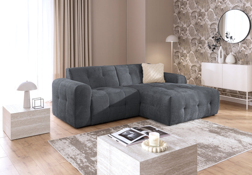 Ecksofa mit raffinierten Steppungen und Ottomane rechts, Wellenunterfederung, Chenille-Bezug Grau / 21045