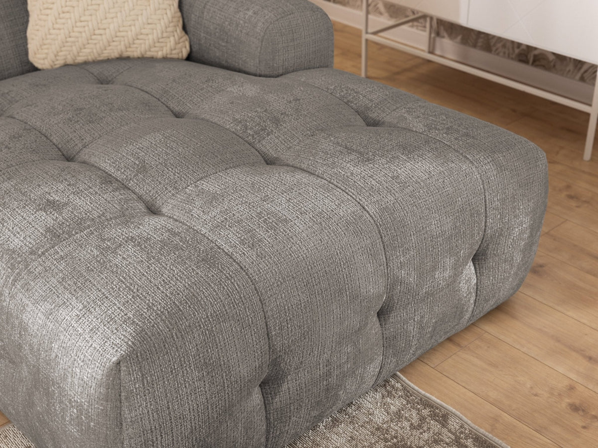 Ecksofa mit raffinierten Steppungen und Ottomane rechts, Wellenunterfederung, Chenille-Bezug Braun Taupe / 21041