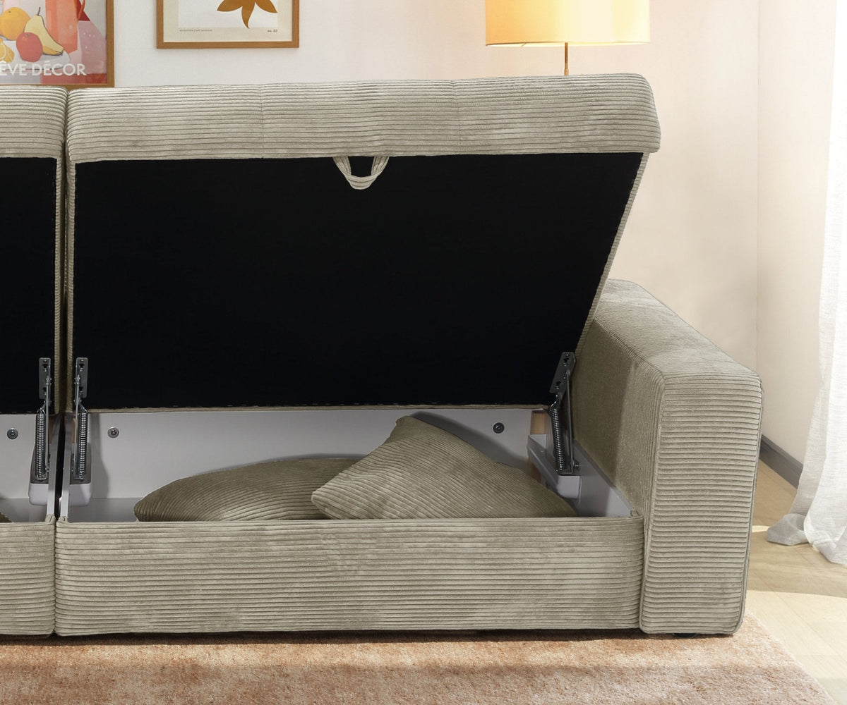Big-Sofa mit 2 Bettkästen, Wellenunterfederung, Cord-Bezug Beige Grau / 15263