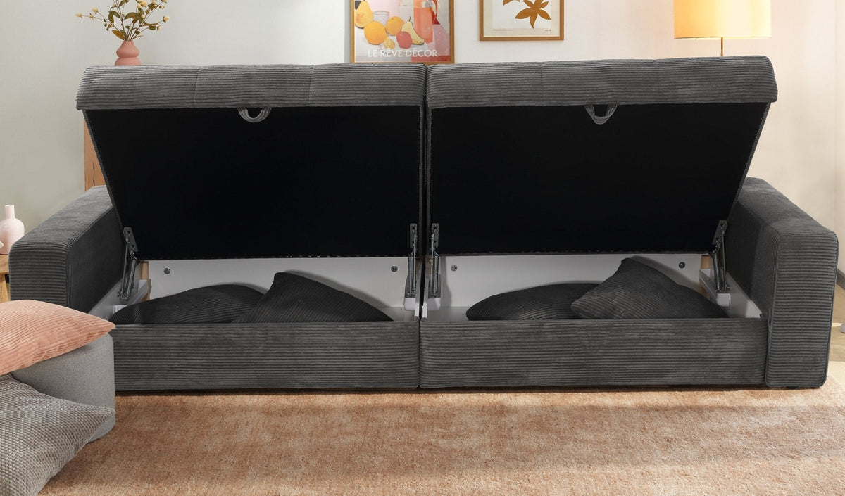 Big-Sofa mit 2 Bettkästen, Wellenunterfederung, Cord-Bezug Dunkelgrau / 15261