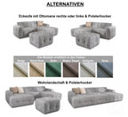 Ecksofa mit raffinierten Steppungen und Ottomane rechts, Wellenunterfederung, Chenille-Bezug Grau / 21045