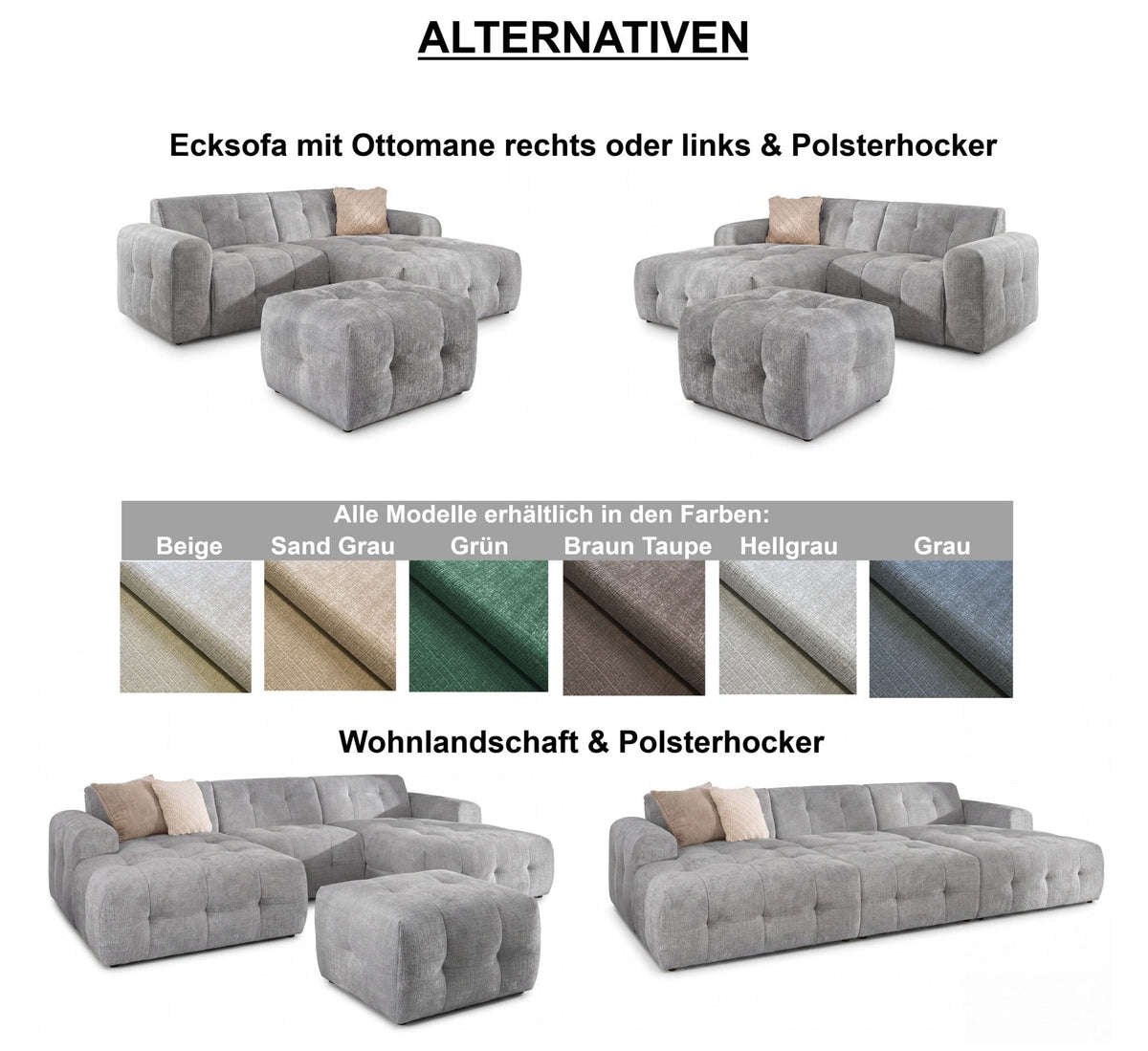 Ecksofa mit raffinierten Steppungen und Ottomane rechts, Wellenunterfederung, Chenille-Bezug Grau / 21045