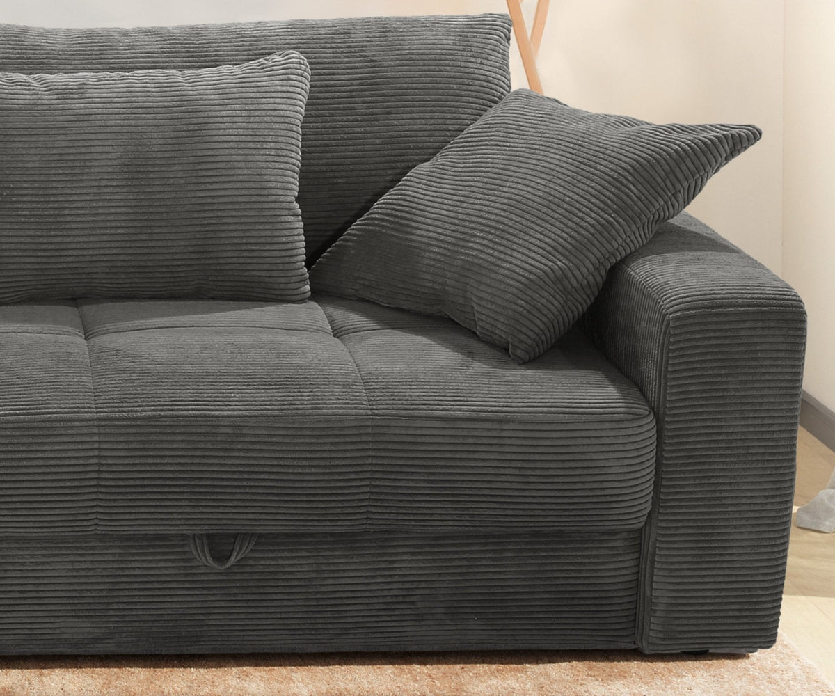 Big-Sofa mit 2 Bettkästen, Wellenunterfederung, Cord-Bezug Dunkelgrau / 15261