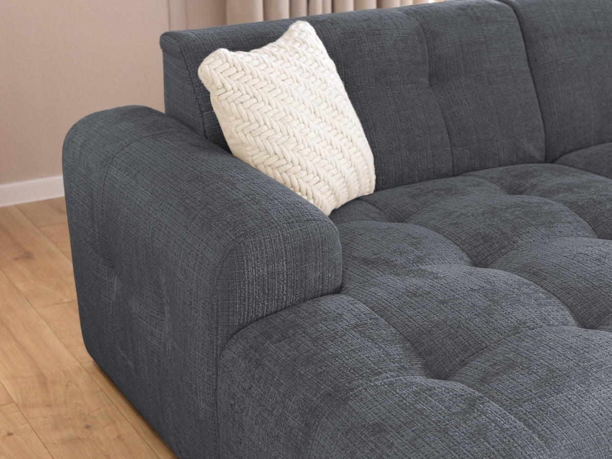 Ecksofa mit raffinierten Steppungen und Ottomane links, Wellenunterfederung, Chenille-Bezug Grau / 21046