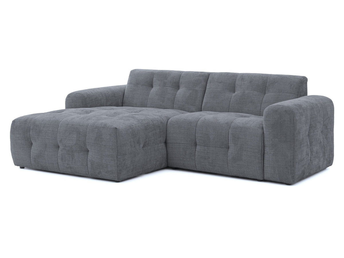 Ecksofa mit raffinierten Steppungen und Ottomane links, Wellenunterfederung, Chenille-Bezug Grau / 21046