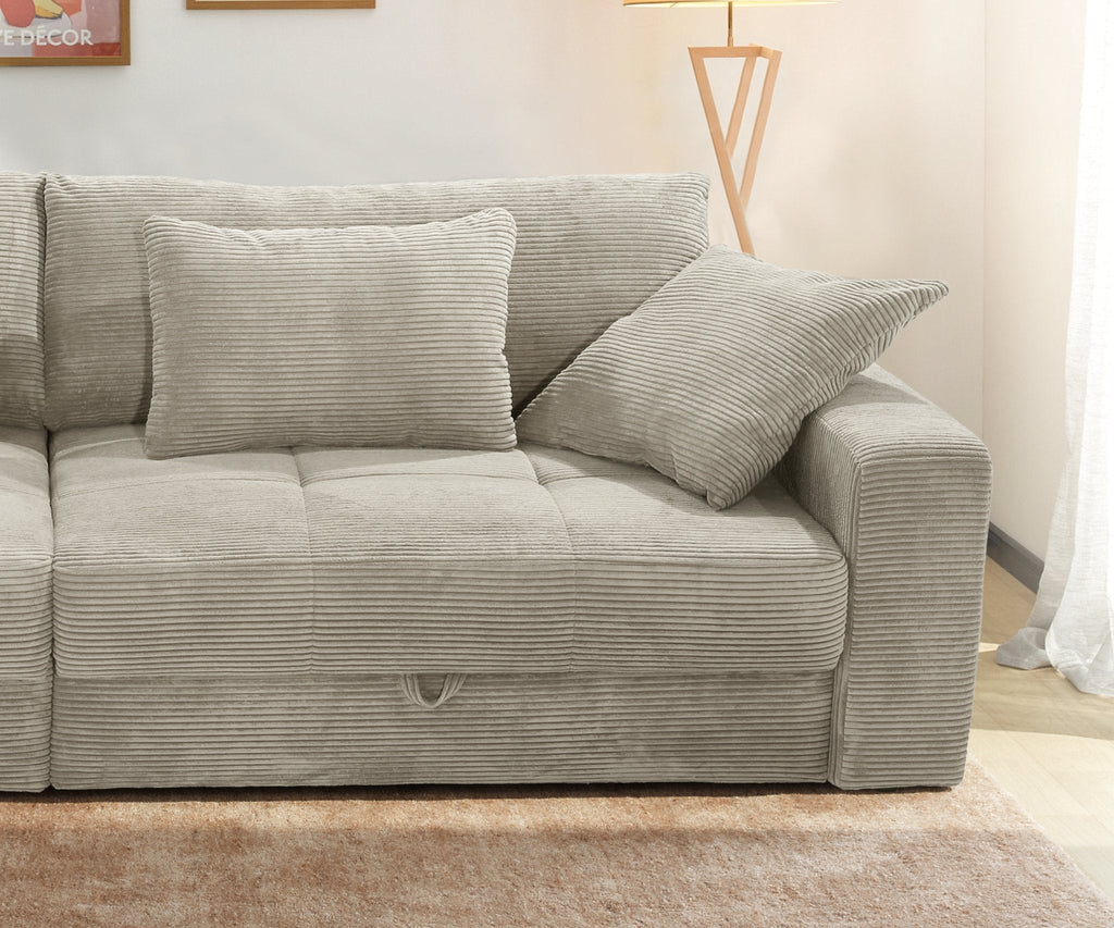 Big-Sofa mit 2 Bettkästen, Wellenunterfederung, Cord-Bezug Beige Grau / 15263
