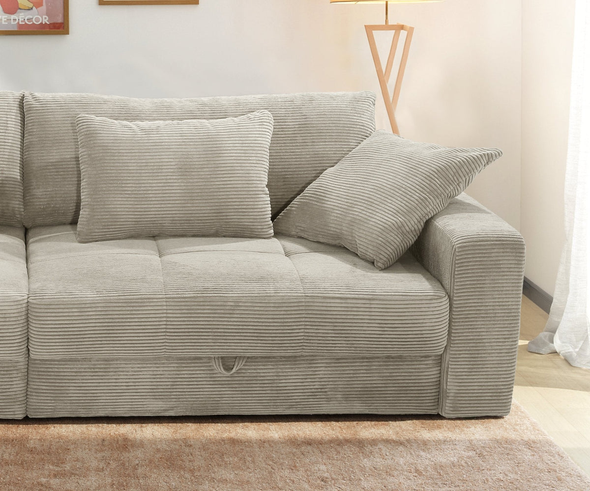 Big-Sofa mit 2 Bettkästen, Wellenunterfederung, Cord-Bezug Beige Grau / 15263