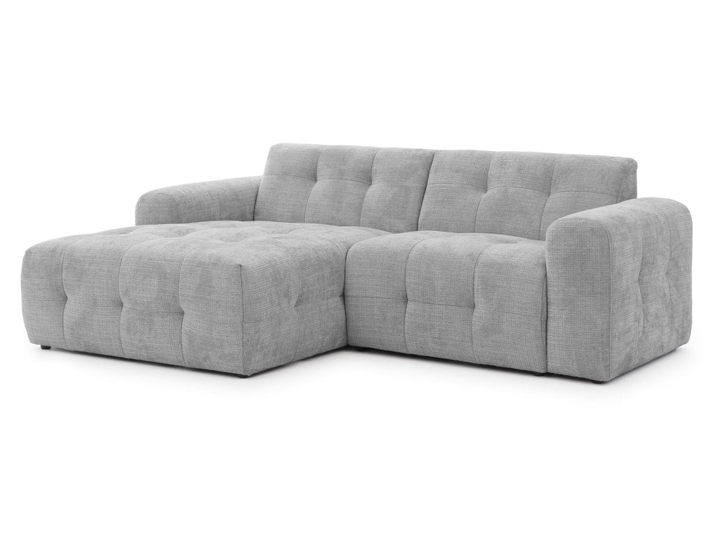 Ecksofa mit raffinierten Steppungen und Ottomane links, Wellenunterfederung, Chenille-Bezug Hellgrau / 21044