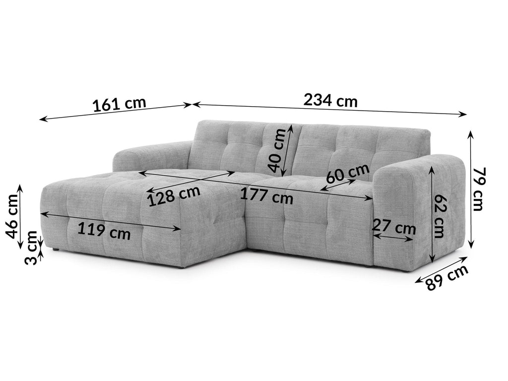 Ecksofa mit raffinierten Steppungen und Ottomane links, Wellenunterfederung, Chenille-Bezug Hellgrau / 21044